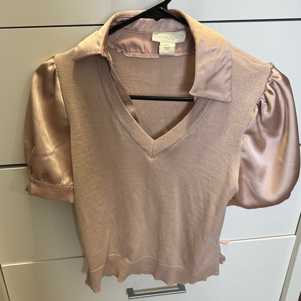 Cynthia Rowley Beige Satin Puff Sleeve Blouse